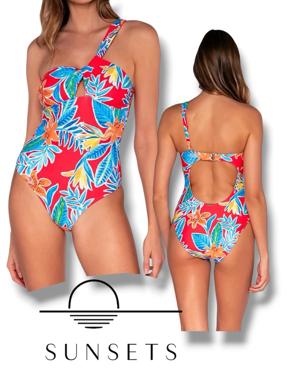 One-Shoulder One-Piece Swimsuit Sunsets Ginger  Tiger Lily Tropical Print MEDIUM